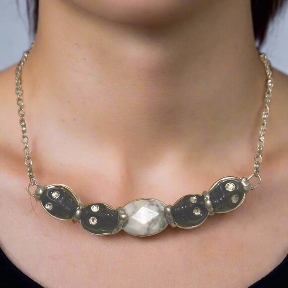 Artisan Necklace W/ Black Onyx Sugar Skulls, Swarovski Eyes & Marble Centerpiece - Picture 3 of 12
